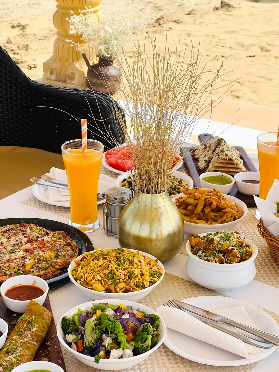 Lunch spread with fresh juice